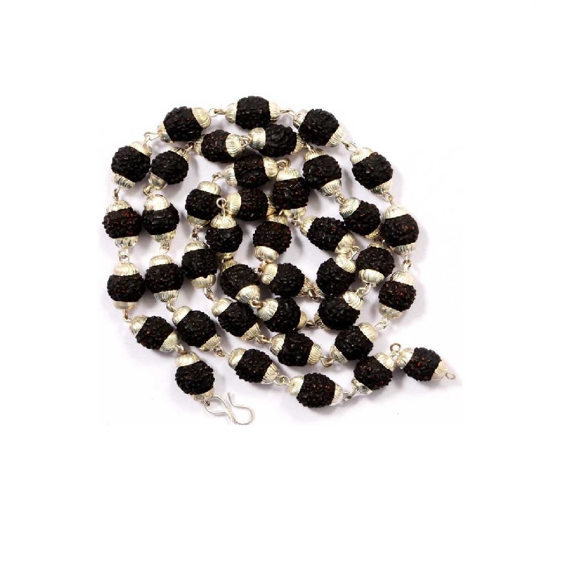 Black Rudraksha Silver Cap Mala 108 Beads Pick Use