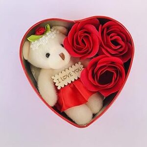 Heart Shaped Red Box with Teddy and Roses